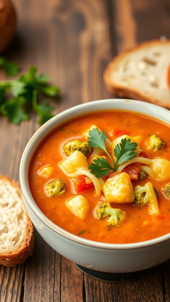 A bowl of cheesy broccoli cauliflower tomato soup with parsley garnish on a rustic table with bread.